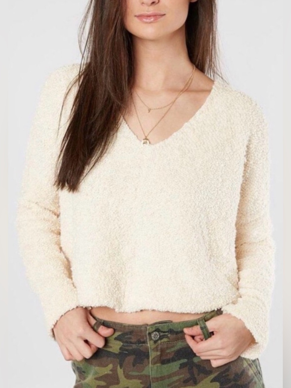 FP Cream V-Neck ivory boucle sweater